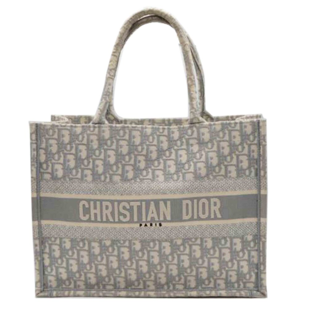 Christian Dior Book Oblique Embroidery Tote Bag Canvas Leather Gray Tan